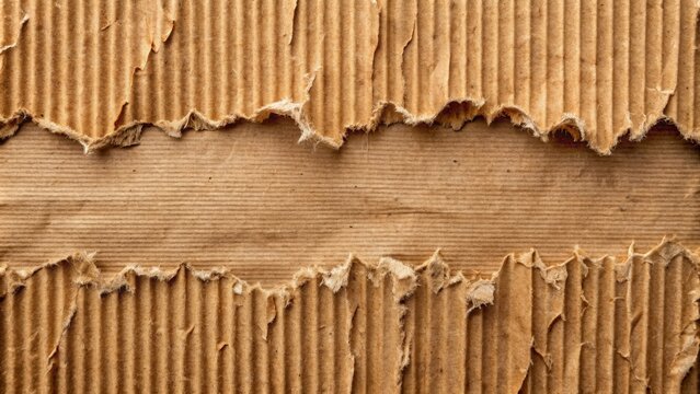 Rugged background features torn strips of coarse, brown kraft paper with rough, textured adhesive surface and uneven frayed edges.
