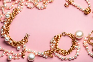 Top view of golden and pearl bracelets on pink and white background with copy space.