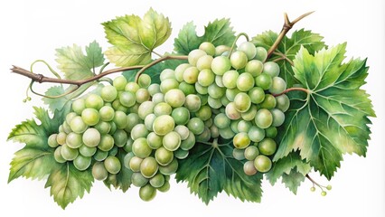 Obraz premium Delicate, dreamy watercolor depiction of lush green sauvignon blanc grapes clustered on vines against a pristine, isolated white backdrop.