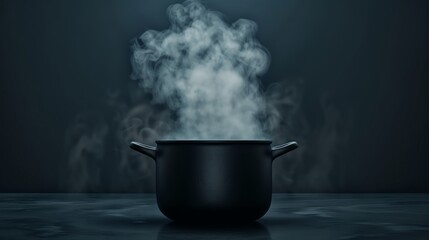 A black pot with steam rising from it against a dark background.