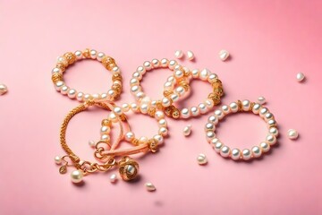 Obraz premium Top view of golden and pearl bracelets on pink and white background with copy space.