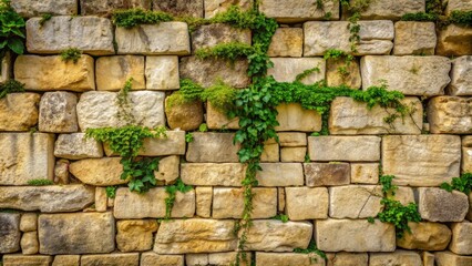 Weathered ancient limestone blocks form a distressed, uneven, and worn stone wall with visible moss and ivy growth in creamy hues.