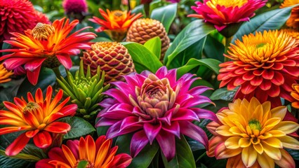 Exotic blooms of fuchsia, orange, and yellow flowers dance amidst lush greenery, bursting with vibrant color and intricate texture.