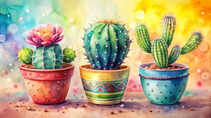 Vibrant watercolor illustration of three unique cacti in eclectic, multicolored pots, exuding whimsy and charm against a soft, dreamy background.