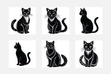 Set of cats silhouettes isolated on white background, vector illustration