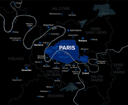 Paris, department and capital of France, dark political map. Petite Couronne, the inner ring, a part of Ile-de-France, formed by 3 departments bordering Paris, forming a geographical crown around it.