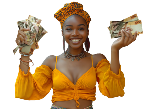 Beautiful fashionable Young African woman similing holding showing kenyan shilling notes to the camera over transparent background, kenyan lady happy joyous raising hands money cash 