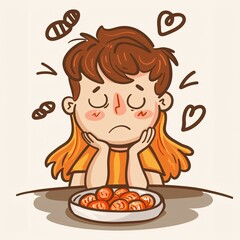 a toddler at his eating place eats carrots - A cartoon of a girl with her hands on her cheeks