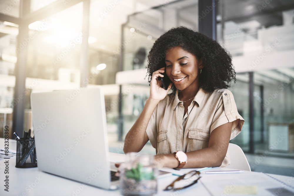 Aufkleber office, laptop and woman with phone call, consulting and connection for business plan, crm and netwo
