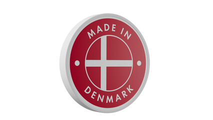 Made in Denmark. Circle country flag product label round pinback button banner simple. Transparent backgound. 3d rendered with alpha channel. Round shape.