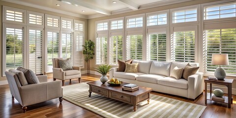 White wooden interior shutters adorn a modern living room's large windows, softly filtering natural light and adding a touch of rustic elegance to the space.