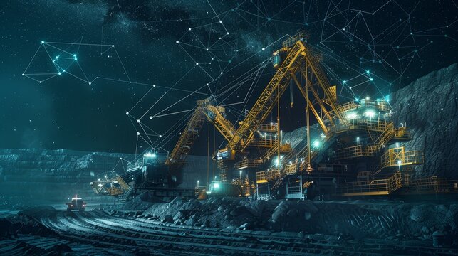 Mining Operation Connected by Network - A mining operation at night with several excavators working in a quarry, connected by a network of data. - A mining operation at night with several excavators w