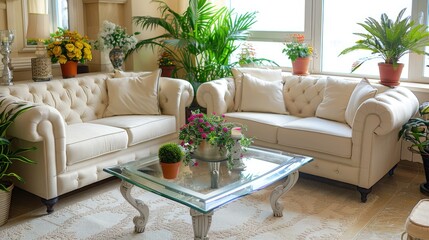 Obraz premium Bright living room featuring two cream-colored sofas, a glass coffee table, and an assortment of flowers and plants in pots.