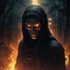 A sinister Wendigo stands guard over a cursed, autumnal forest, its silhouette shrouded in darkness in this dark fantasy Halloween artwork