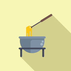 Cheese fondue dripping from a fork over a pot on a stand, in flat design with a long shadow