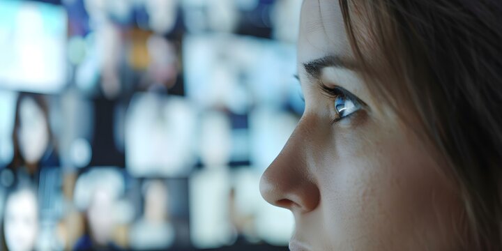 Individual in digital space with screens showing virtual conference information. Concept Digital Workspace, Virtual Meeting, Remote Collaboration, Technology Integration, Online Conference