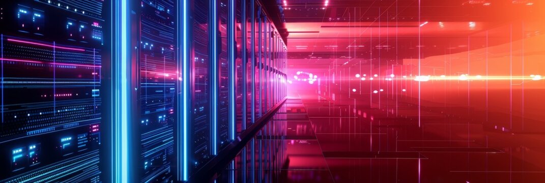 Data Center with Neon Lights - A server room with neon lights illuminating the racks of servers. The image depicts the heart of the digital world. - A server room with neon lights illuminating the rac