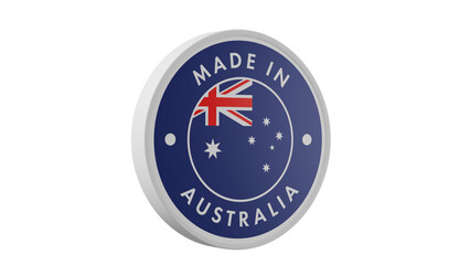 Made in Australia. Circle country flag product label round pinback button banner simple. Transparent backgound. 3d rendered with alpha channel. Round shape.