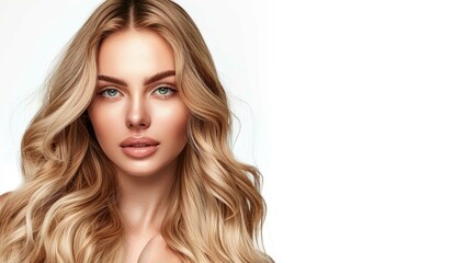 Naklejka premium Cheerful young woman with healthy blonde wavy hair and clear skin on white