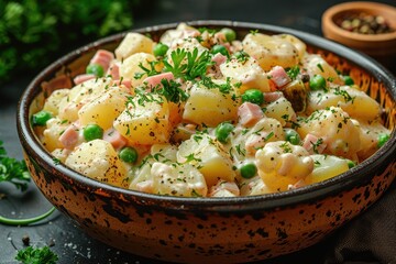 A traditional Russian salad, Olivier salad, featuring diced potatoes, carrots, peas, pickles, and ham in a creamy mayonnaise dressing.