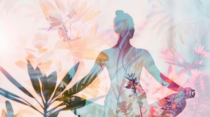 Silhouette of a Woman in a Yoga Pose with Floral Background - A silhouette of a woman in a yoga pose against a backdrop of soft, colorful flowers, symbolizing the union of body, mind, and spirit. - A 