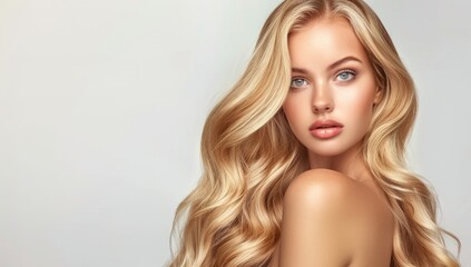 Naklejka premium Cheerful young woman with healthy blonde wavy hair and clear skin on white