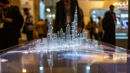 A hologram table projecting a hologram of a modern city, the hologram table is in an expo booth in a middle eastern technology event | 現代都市のホログラムを投影するホログラム テーブル。ホログラム テーブルは中東のテクノロジー イベントの展示ブースにあります。