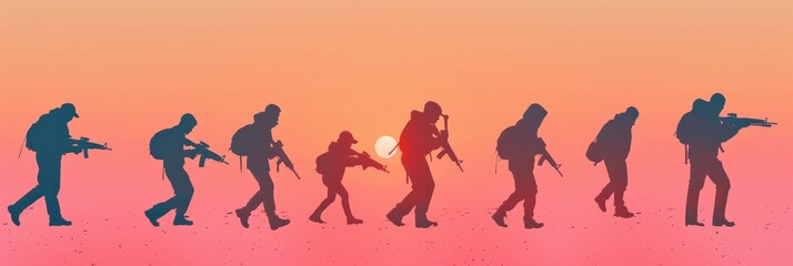 Obraz premium Silhouettes of Soldiers Walking Towards the Sunset - A group of soldiers walking towards the sunset. They are all in silhouette, and their weapons are visible. The image is a powerful reminder of the 