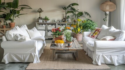 Bright living room with two white couches, a rustic coffee table, and a variety of potted plants and flowers enhancing the decor.