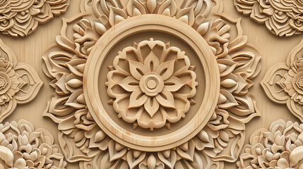 A wooden flower with a circular center is the main focus of the image