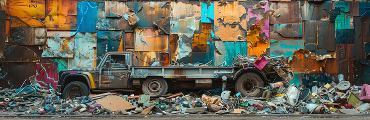 Rusty Truck Against A Wall Of Scrap Metal - A weathered truck sits in front of a vibrant wall made entirely from scrap metal. The image captures the industrial aesthetic of the environment. - A weathe