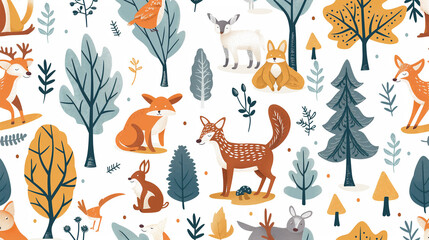 A forest scene with many animals including a fox, a rabbit, a deer, and a bird