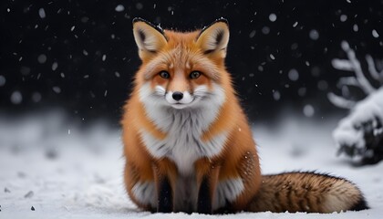 Fototapeta premium A beautiful little fox with dark black background while snowfall
