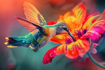 Fototapeta premium Vibrant Hummingbird Feeding on a Colorful Flower