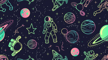 A colorful space scene with a man in a spacesuit walking among the planets