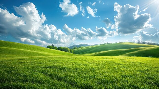 Beautiful sunny landscape with green rolling hills, lush grass, and a blue sky filled with fluffy white clouds on a bright day.