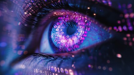 Close-up of a digital eye with binary code overlay. Concept of technology, artificial intelligence, and future vision.