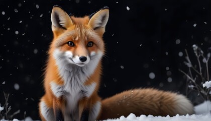 Fototapeta premium A beautiful little fox with dark black background while snowfall