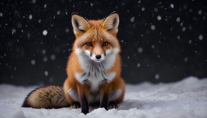 Fototapeta premium A beautiful little fox with dark black background while snowfall