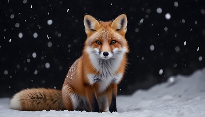 Fototapeta premium A beautiful little fox with dark black background while snowfall