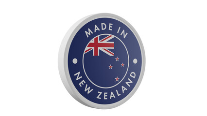 Made in New Zealand. Circle country flag product label round pinback button banner simple. Transparent backgound. 3d rendered with alpha channel. Round shape.