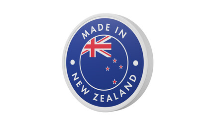 Made in New Zealand. Circle country flag product label round pinback button banner simple. Transparent backgound. 3d rendered with alpha channel. Round shape.