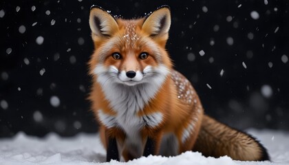 Fototapeta premium A beautiful little fox with dark black background while snowfall