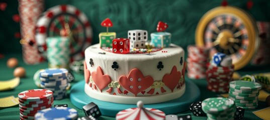 Casino-Themed Birthday Cake Decorated with Cards, Dice, and Poker Chips for Party Celebration