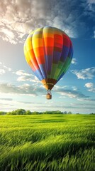Fototapeta premium Colorful hot air balloon floating over a lush green field with bright blue sky and clouds. Perfect for travel and adventure themes.
