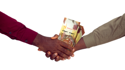 Two black hands in long sleeve shirts Shaking each other and Receiving Kenyan shilling notes over transparent Background
