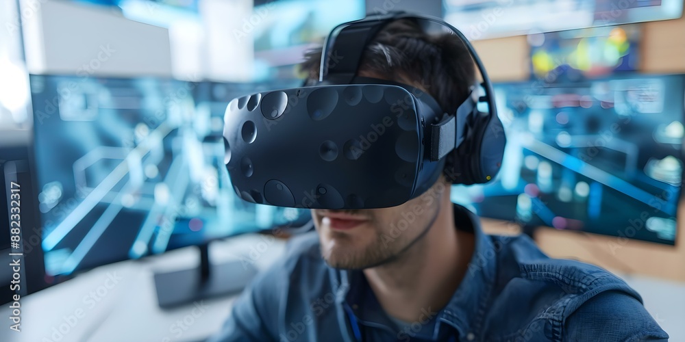 Poster developer adjusting vr game scene in closeup with dynamic virtual environment. concept vr developmen