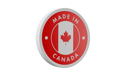 Made in Canada. Circle country flag product label round pinback button banner simple. Transparent backgound. 3d rendered with alpha channel. Round shape.