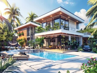 Fototapeta premium A modern luxury ecology house and swimming pool 