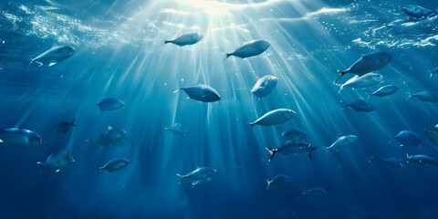 Naklejka premium Fish swim in deep blue sea under sunlit waters with streaming light. Concept Marine life, Underwater photography, Ocean exploration, Natural beauty, Sunlight reflections